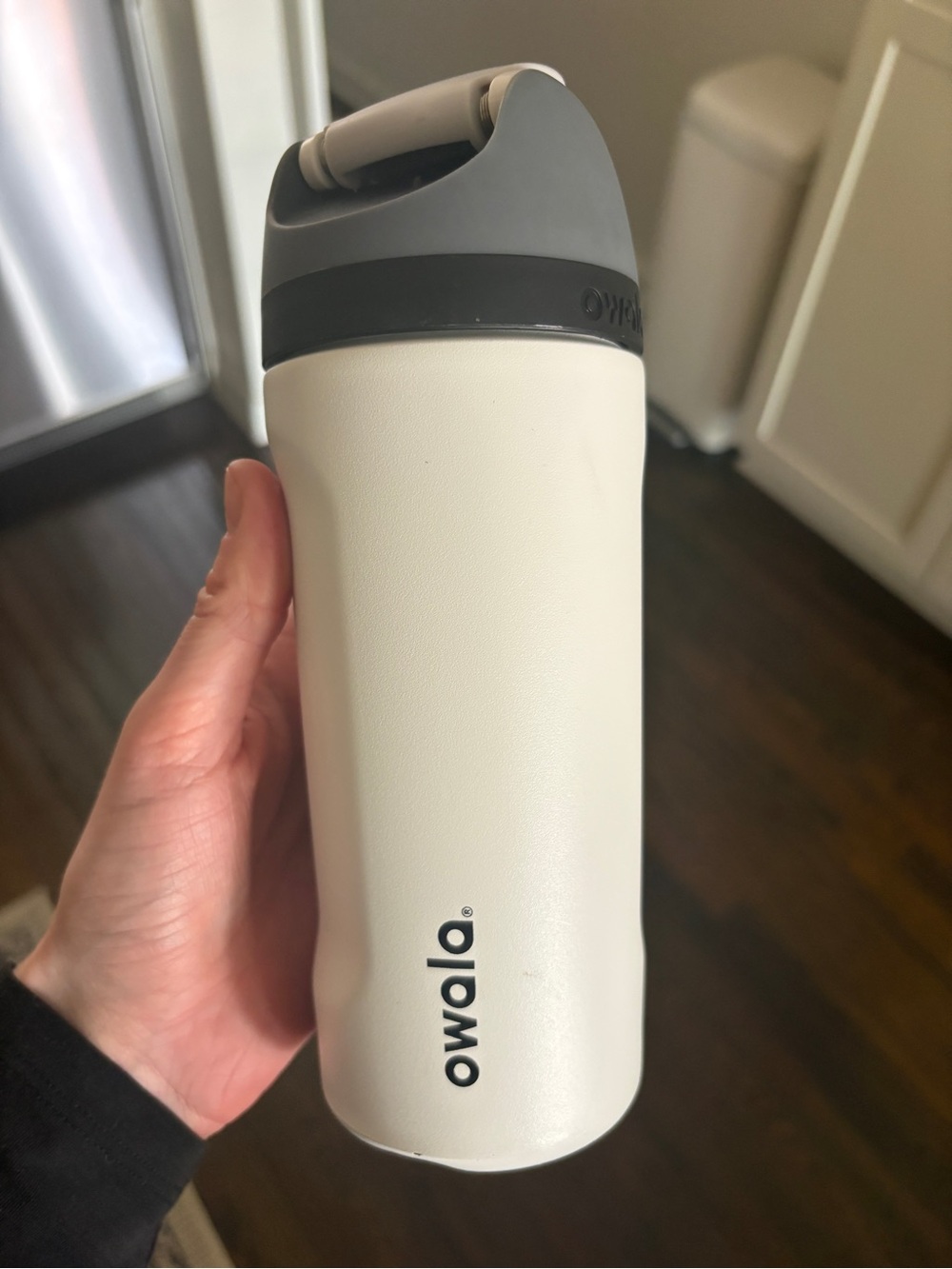 Owala White Water Bottle with Gray and Black Lid